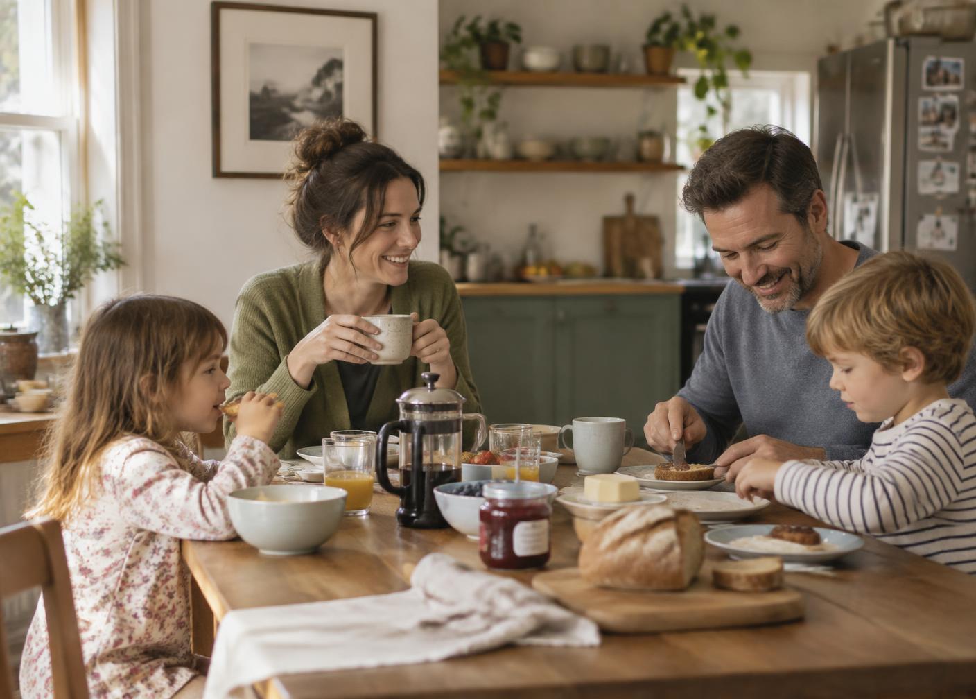 Familia desayunando junta en la cocina de casa